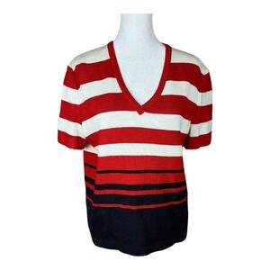 Vintage St John Sport Sweater Womens Medium Red Navy Stripe V Neck Knit Nautical